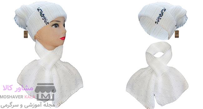  کلاه و شال گردن بافتنی دخترانه سفید (مدل سام 210)